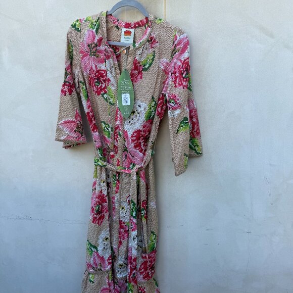 NWT Farm Rio Linen Midi Dress Woven Beige Floral Neck Tie Jute Accent Ruffles - Picture 3 of 9